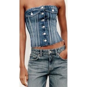 Zara Blue Denim Corset Top Strapless Button Down Frayed Hem XXL